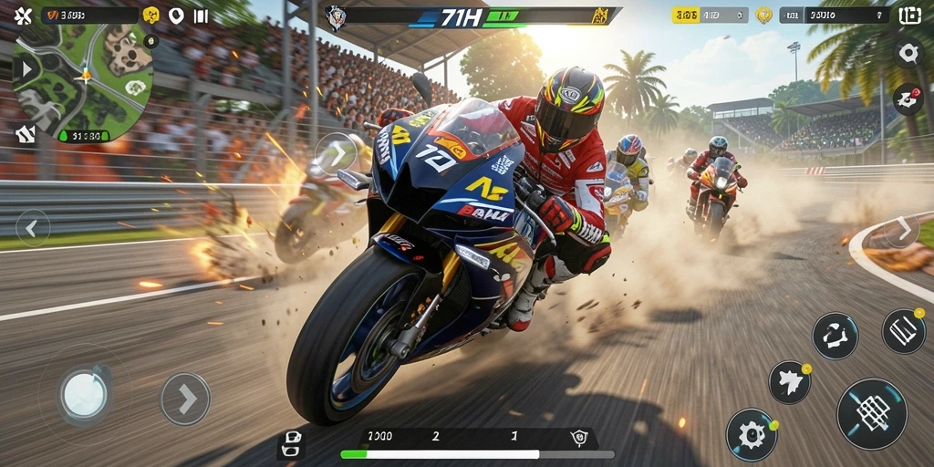 Screenshot gameplay 71H menampilkan balapan motor yang seru dan menegangkan.