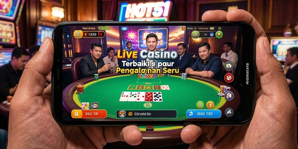Screenshot HOT51 menampilkan dealer langsung dan permainan Live Casino yang menegangkan.