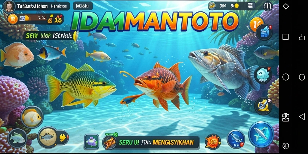 Tampilan gameplay seru di IDAMANTOTO dengan beragam ikan dan senjata.