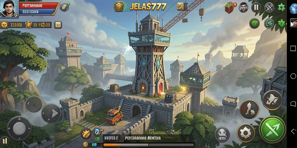 Tampilan gameplay strategis dengan menara dan musuh di JELAS777.