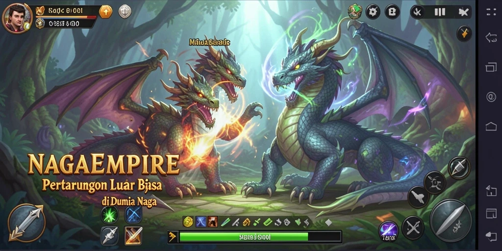 Screenshot gameplay NAGAEMPIRE menampilkan pertarungan seru dengan karakter menarik.