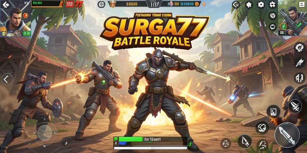 Tangkapan layar gameplay SURGA77 menampilkan pertempuran intens di medan perang Battle Royale.